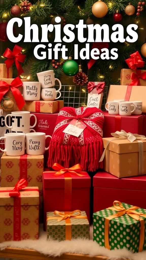 A collection of Christmas gifts including mugs, blankets, and wrapped presents with holiday decorations.